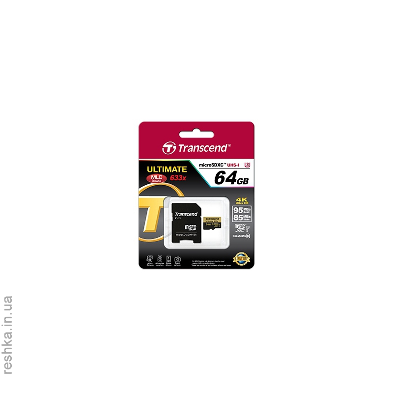 Карта памяти Transcend microSDXC 64GB UHS-I U3 Ultimate (R95,W85MB/s)