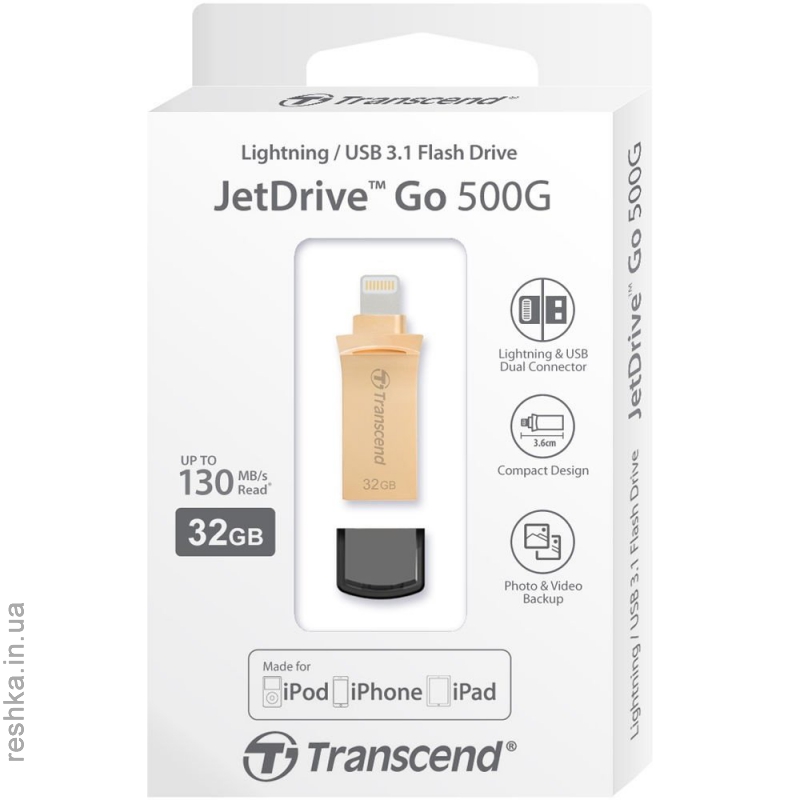 Flash Drive Transcend JetDrive Go 500 64GB, Lightning/USB 3.1 Gold
